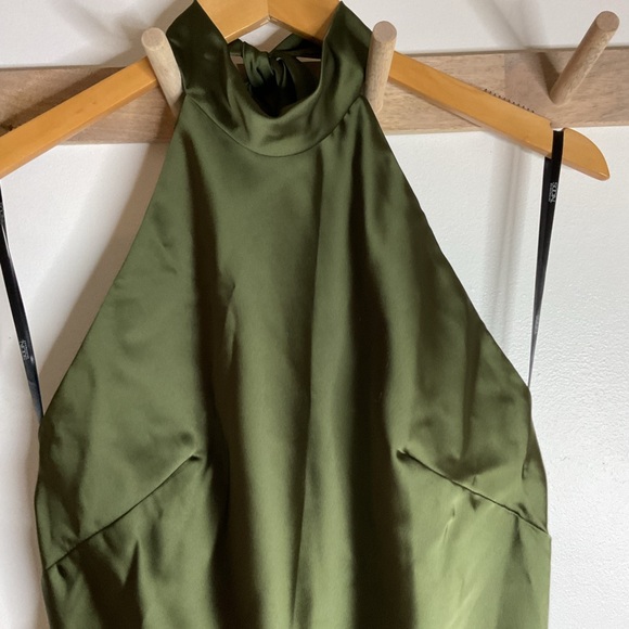 Social Bridesmaids Tie High Neck Halter Olive Green Slip Backless Maxi Dress NWT - Picture 5 of 11
